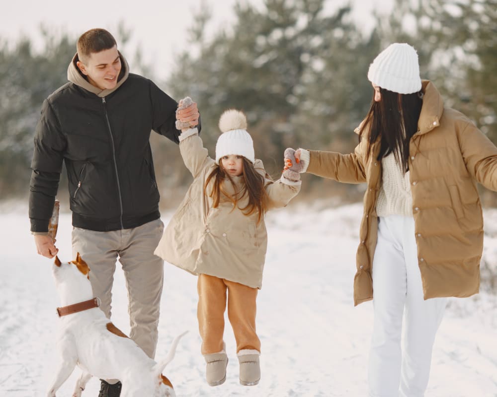 Young family with dog. Parents are lifting child by the arms.